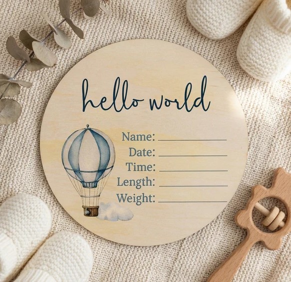 Timber Tinkers Hot Air Balloon Birth Announcement Disc