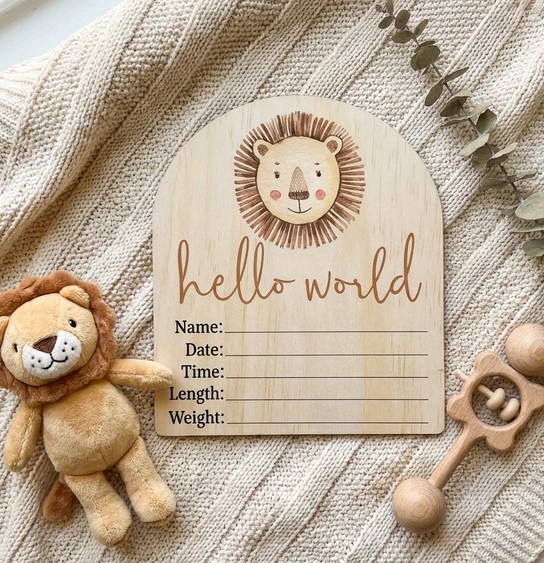 Timber Tinkers Hello World Lion Birth Announcement Disc