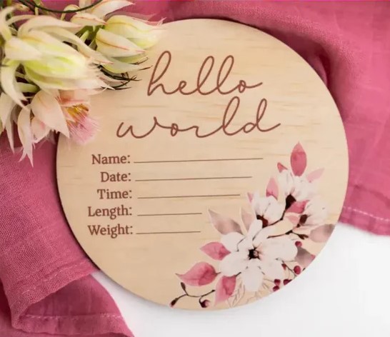 Timber Tinkers Hello World Floral Birth Announcement Disc