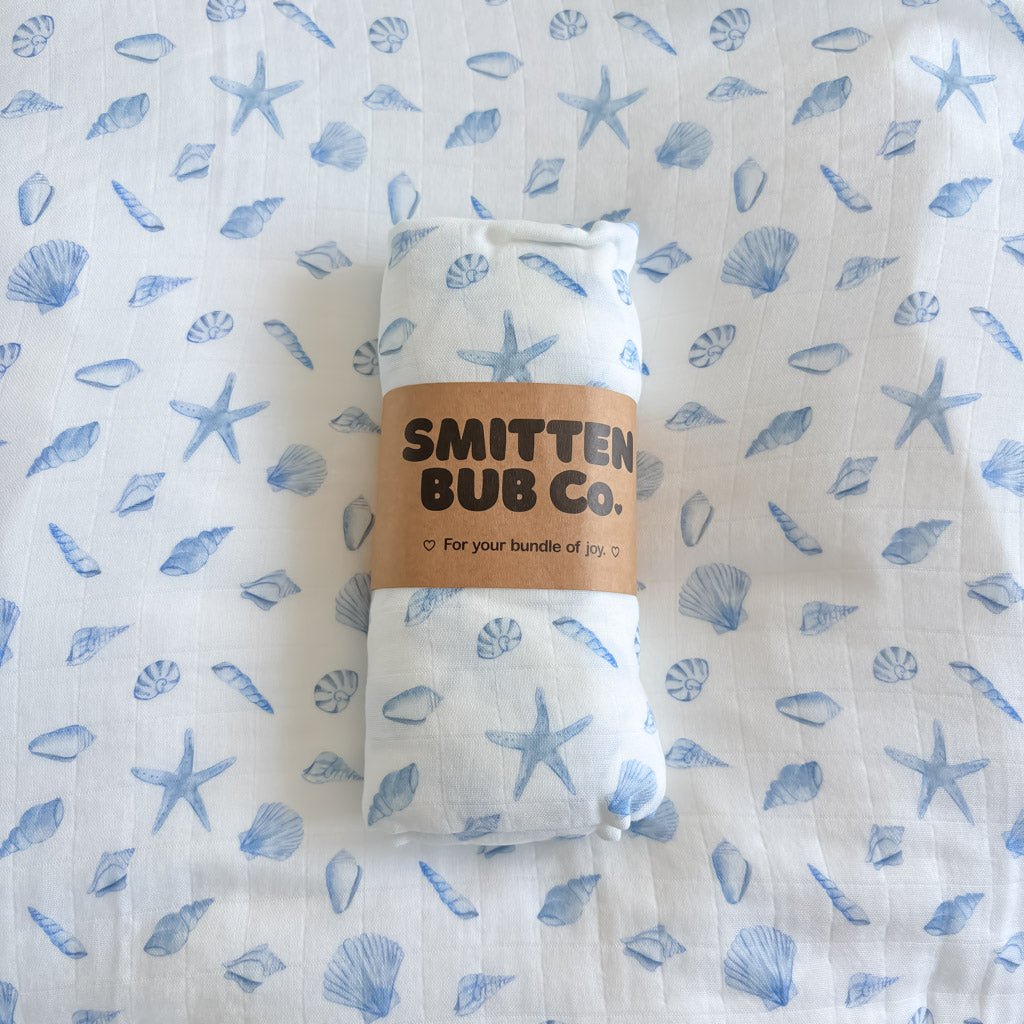 Smitten Bub Co. Bamboo Cotton Muslin Swaddle - Blue Seashells