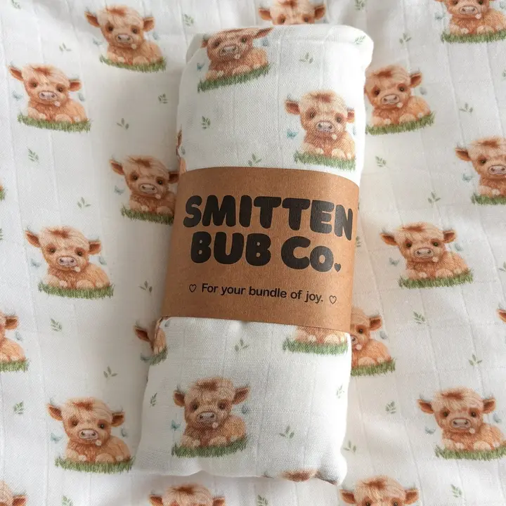 Smitten Bub Co. Bamboo Cotton Muslin Swaddle - Highland Cow