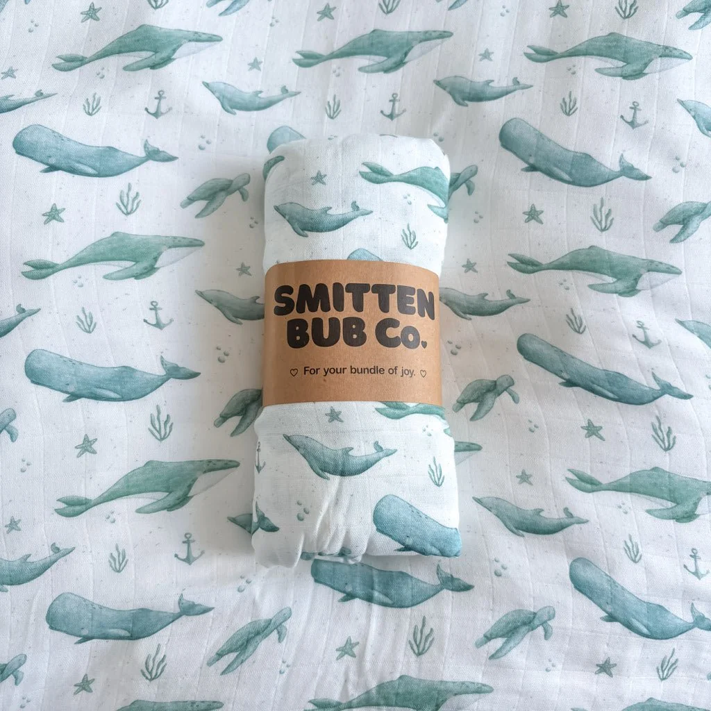 Smitten Bub Co. Bamboo Cotton Muslin Swaddle - Whales, Dolphins & Turtles